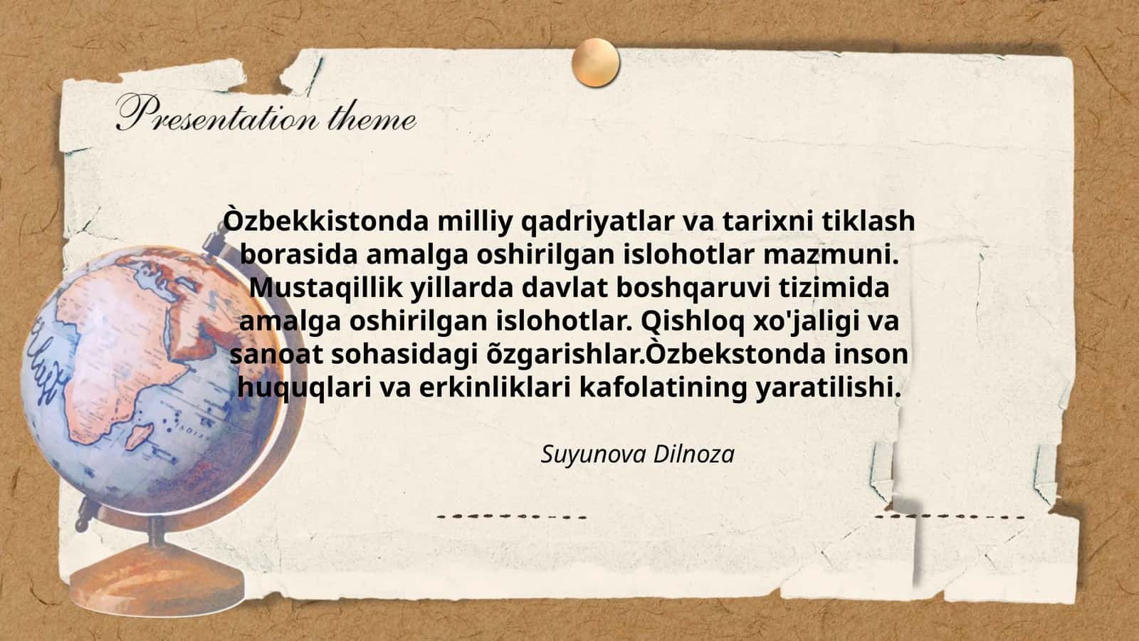 Òzbekkistonda milliy qadriyatlar va tarixni tiklash borasida amalga oshirilgan islohotlar mazmuni. Mustaqillik yillarda davlat boshqaruvi tizimida amalga oshirilgan islohotlar. Qishloq xo'jaligi va sanoat sohasidagi õzgarishlar.Òzbekstonda inson huquqlari va erkinliklari kafolatining yaratilishi