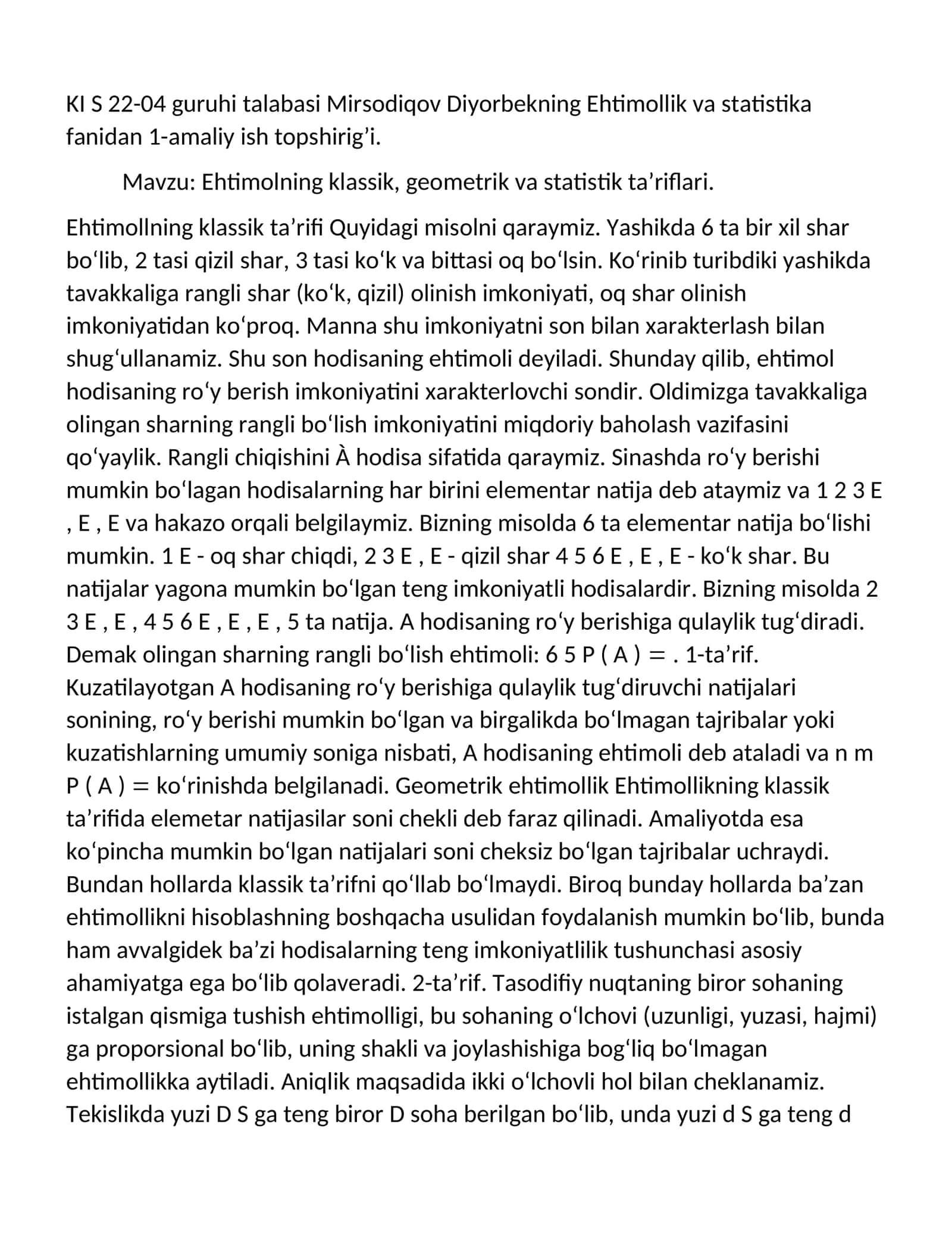 Ehtimolning klassik, geometrik va statistik ta’riflari