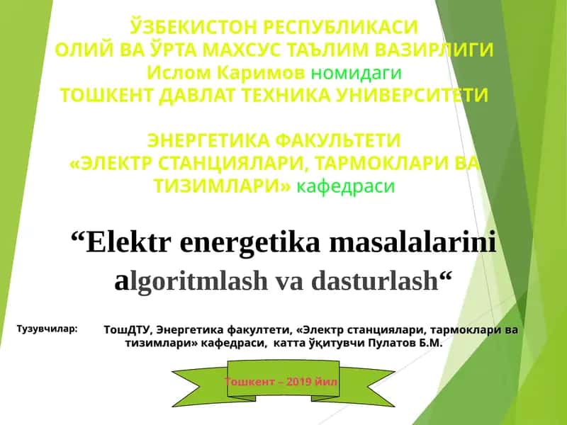 Elektr energetika masalalarini algoritmlash va dasturlash