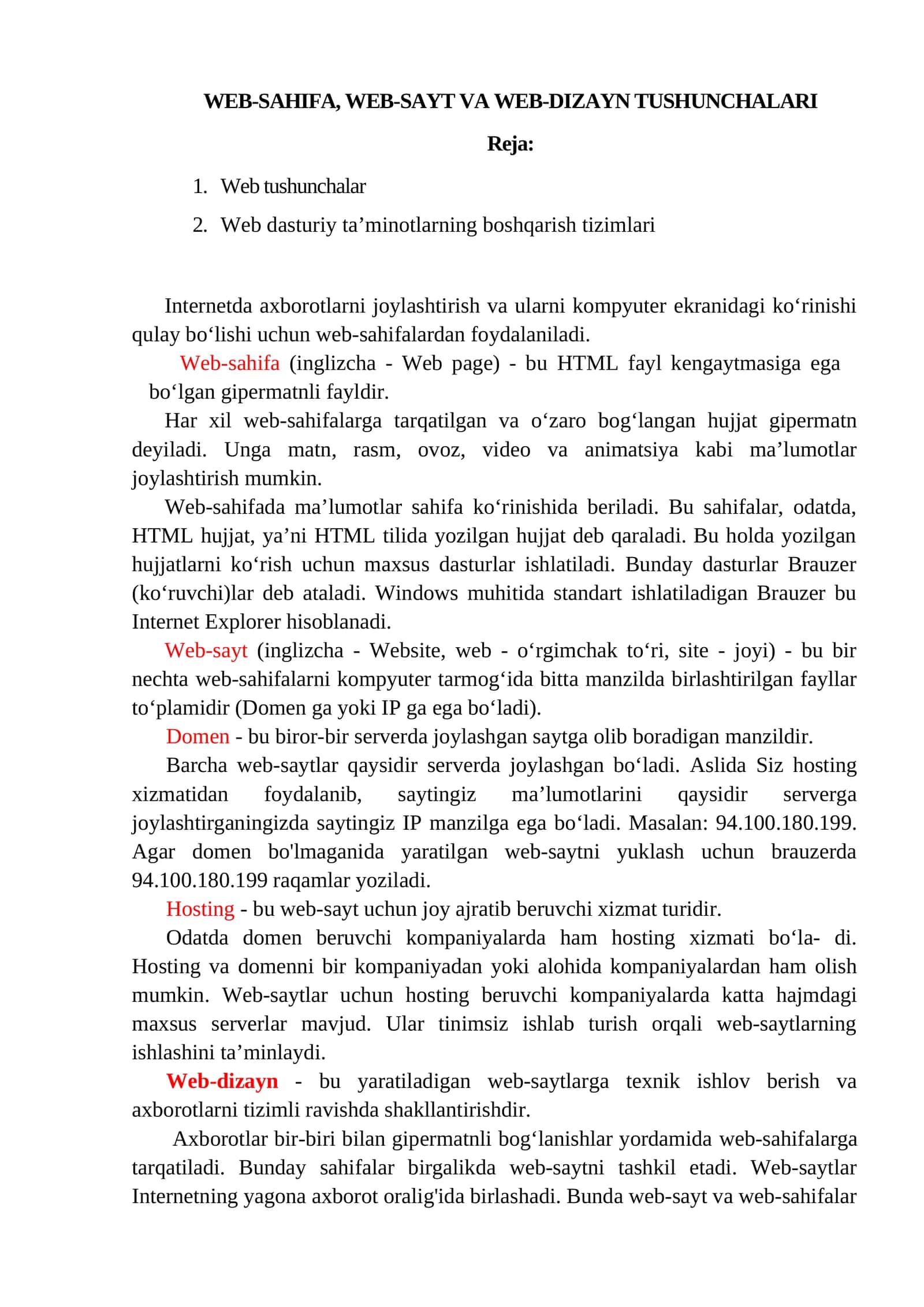 WEB-SAHIFA, WEB-SAYT VA WEB-DIZAYN TUSHUNCHALARI