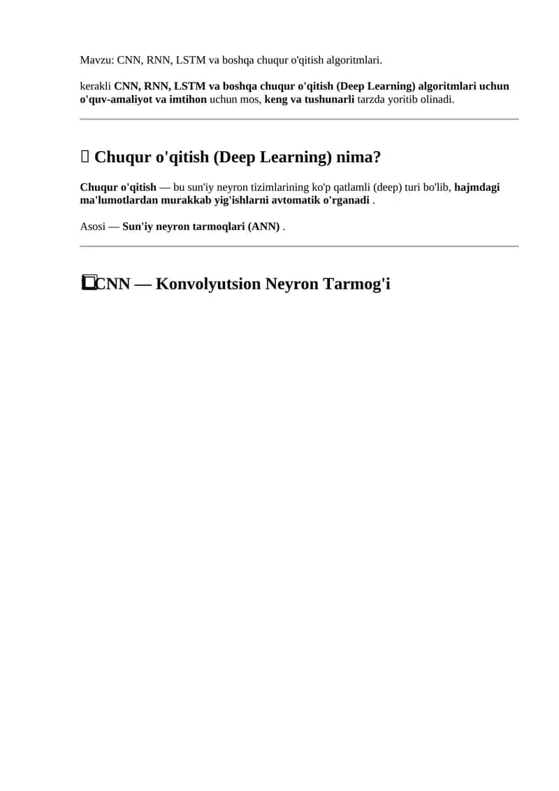 CNN, RNN, LSTM va boshqa chuqur o'qitish algoritmlari