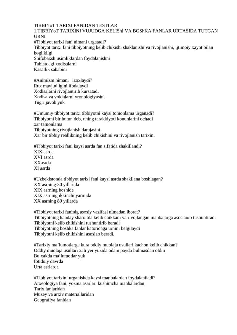 Tibbiyot tarixi fani testlar