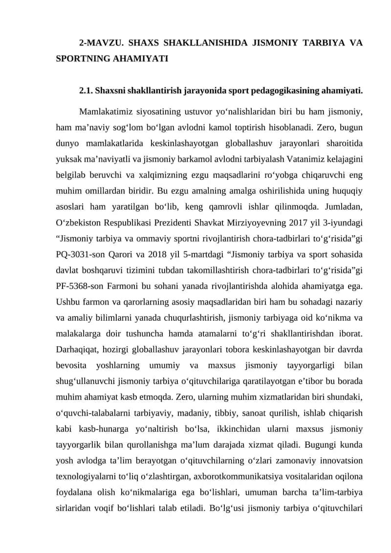 SHAXS SHAKLLANISHIDA JISMONIY TARBIYA VA SPORTNING AHAMIYATI