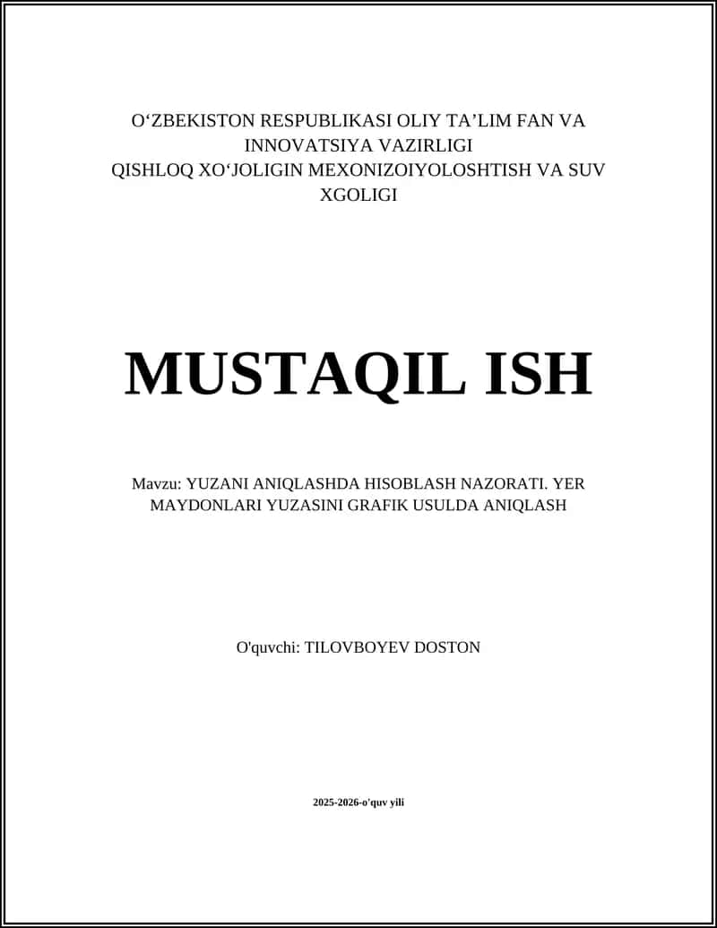 YUZANI ANIQLASHDA HISOBLASH NAZORATI