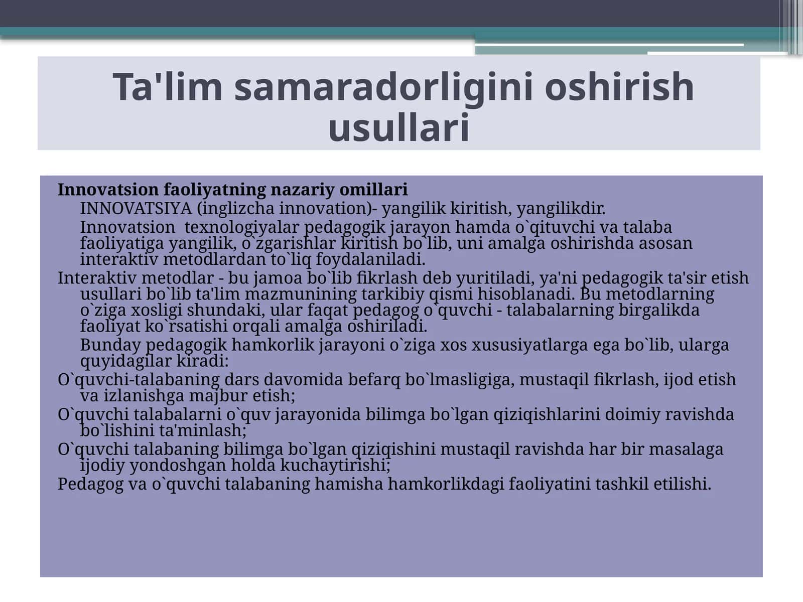 Ta'lim samaradorligini oshirish usullari