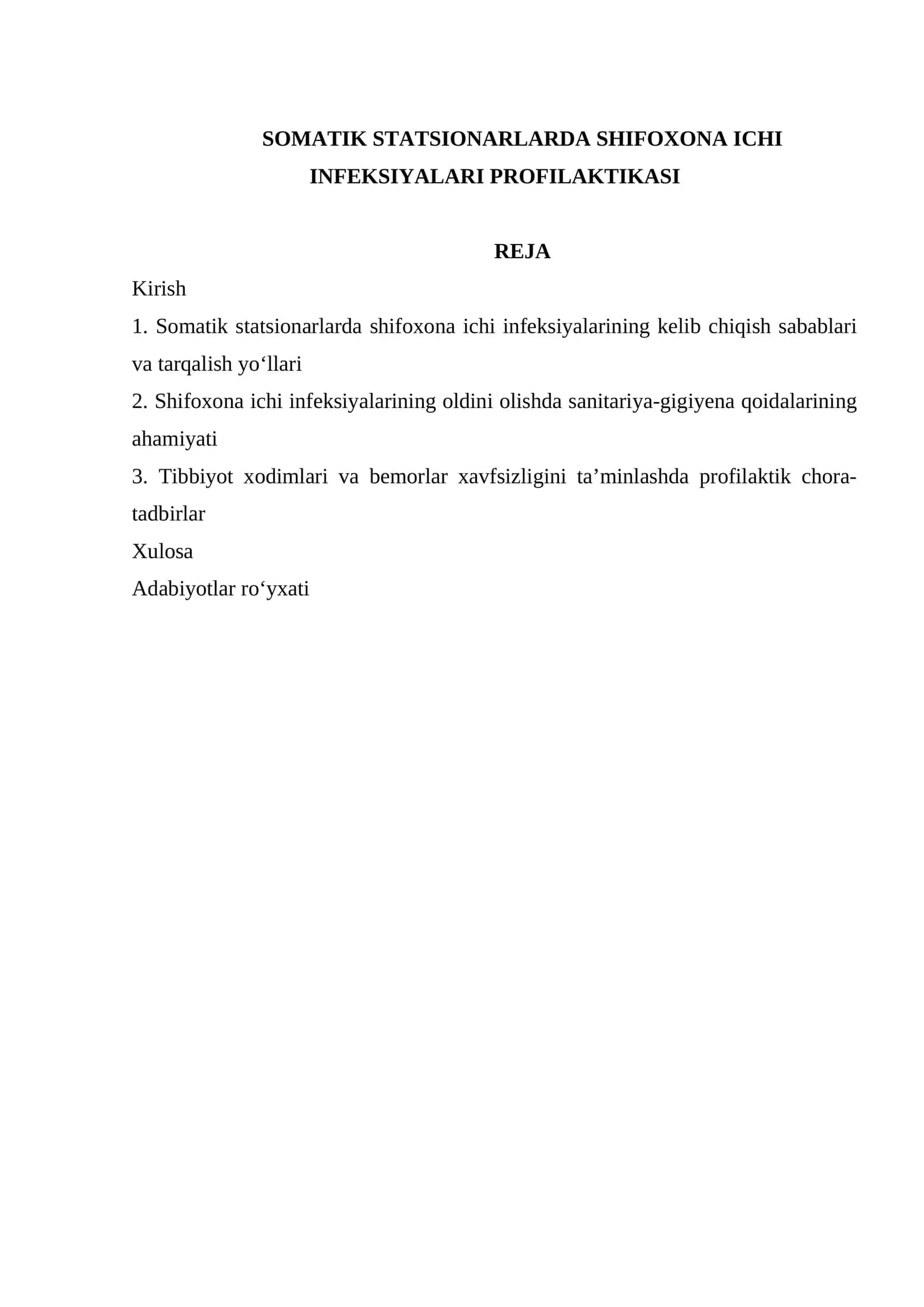 SOMATIK STATSIONARLARDA SHIFOXONA ICHI INFEKSIYALARI PROFILAKTIKASI