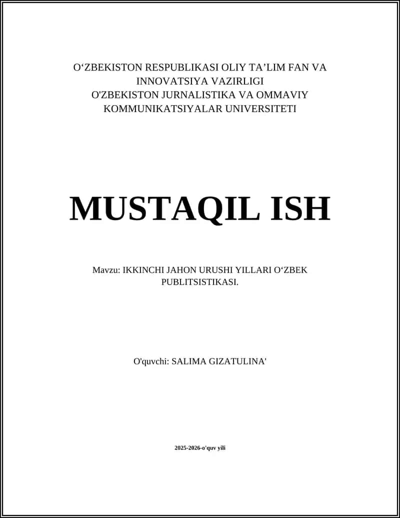 Ikkinchi Jahon Urushi Yillari O‘zbek Publitsistikasi