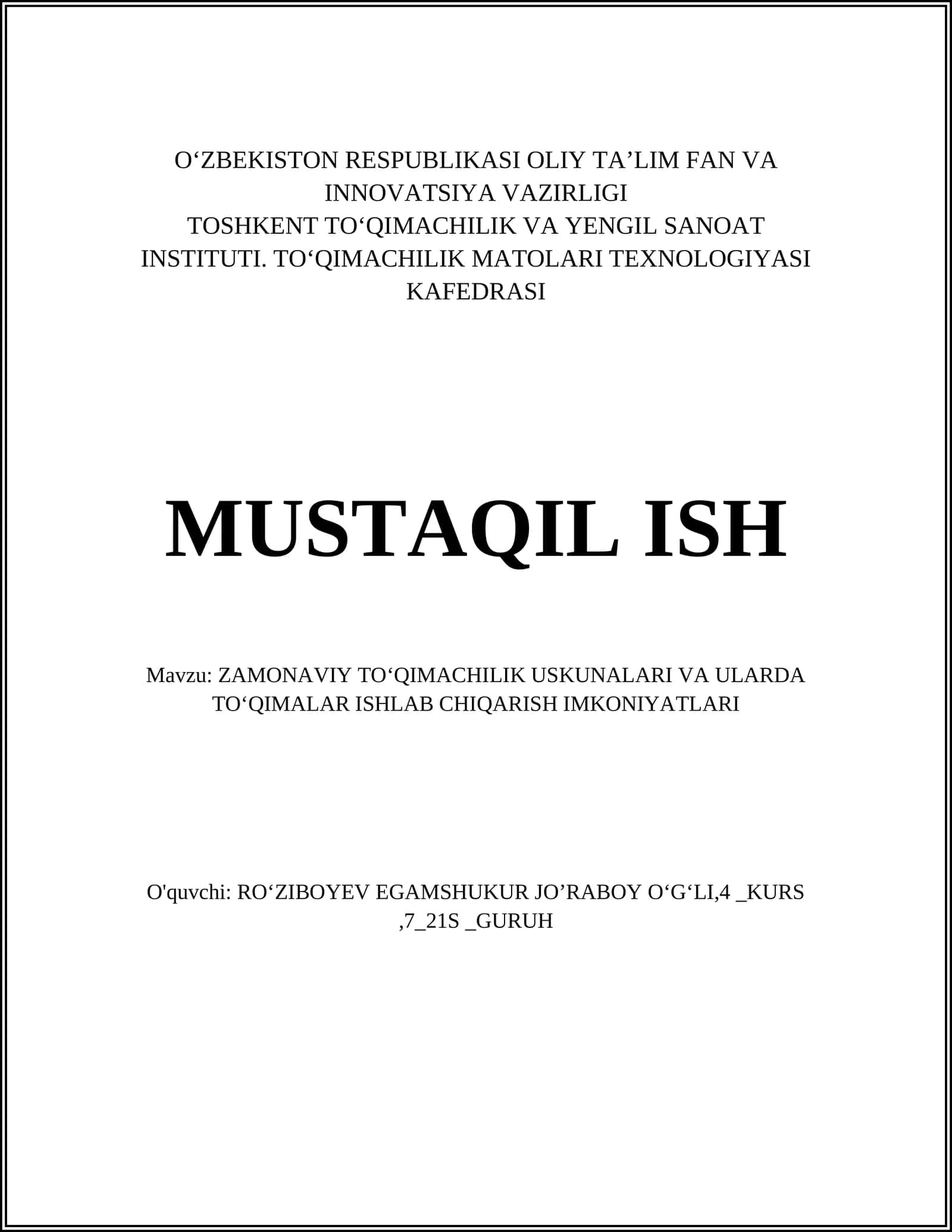 ZAMONAVIY TOʻQIMACHILIK USKUNALARI VA ULARDA TOʻQIMALAR ISHLAB CHIQARISH IMKONIYATLARI
