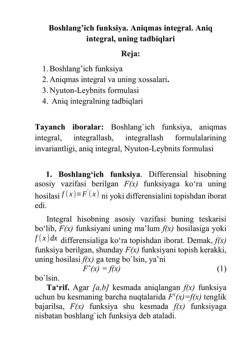 Boshlang’ich funksiya. Aniqmas integral. Aniq integral, uning tadbiqlari.