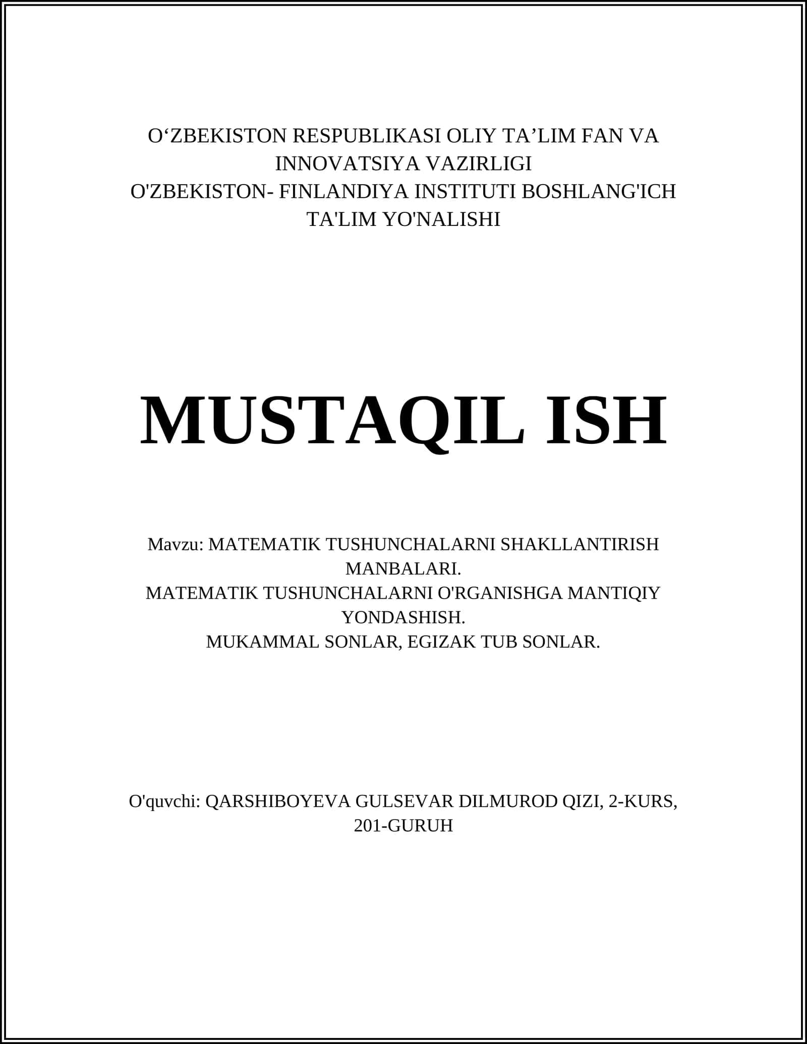 MATEMATIK TUSHUNCHALARNI SHAKLLANTIRISH MANBALARI