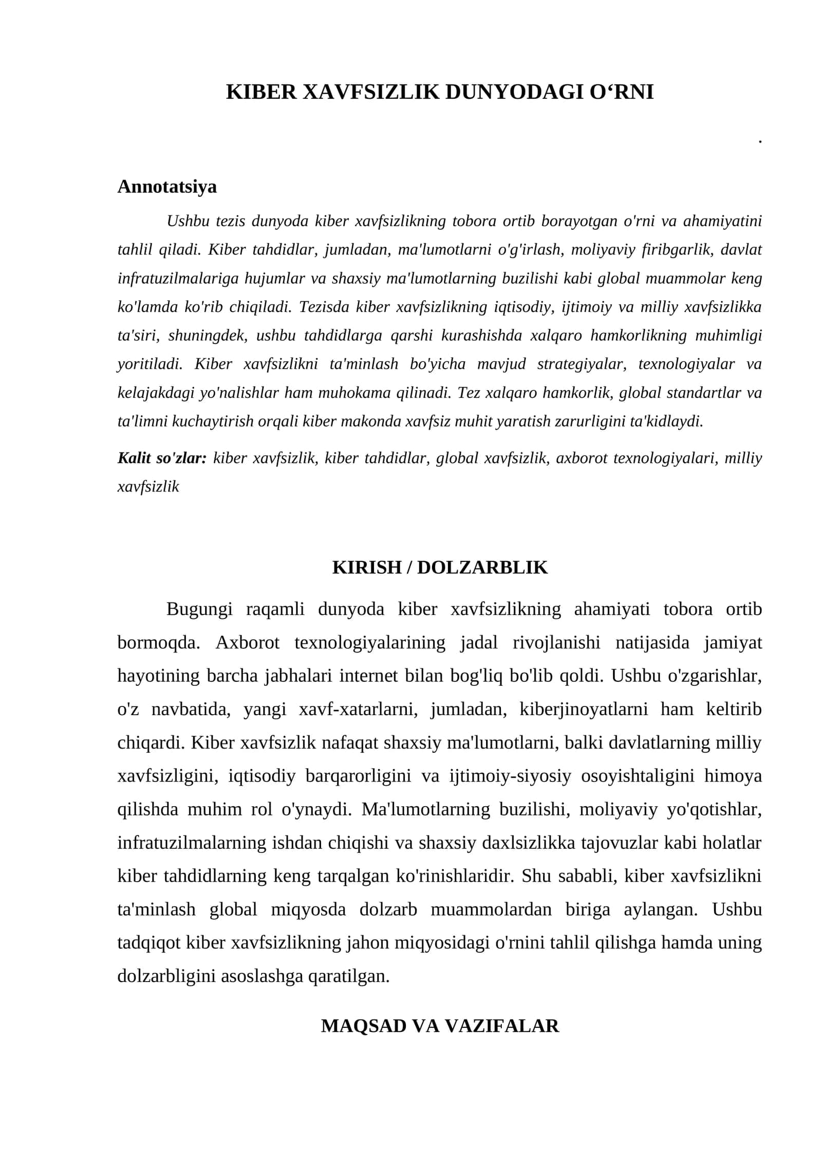 KIBER XAVFSIZLIK DUNYODAGI OʻRNI