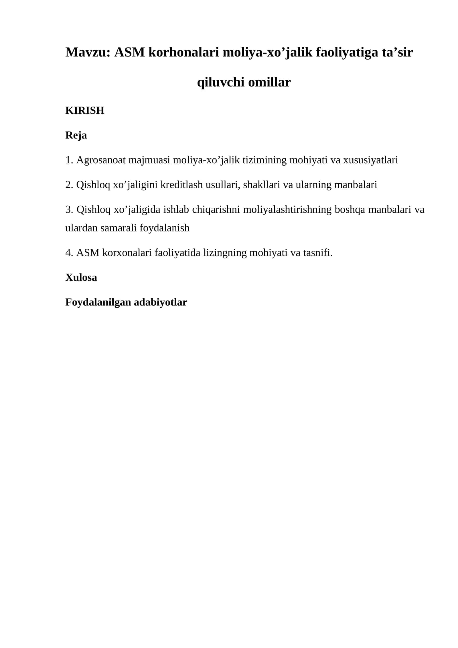 ASM korhonalari moliya-xo’jalik faoliyatiga ta’sir qiluvchi omillar