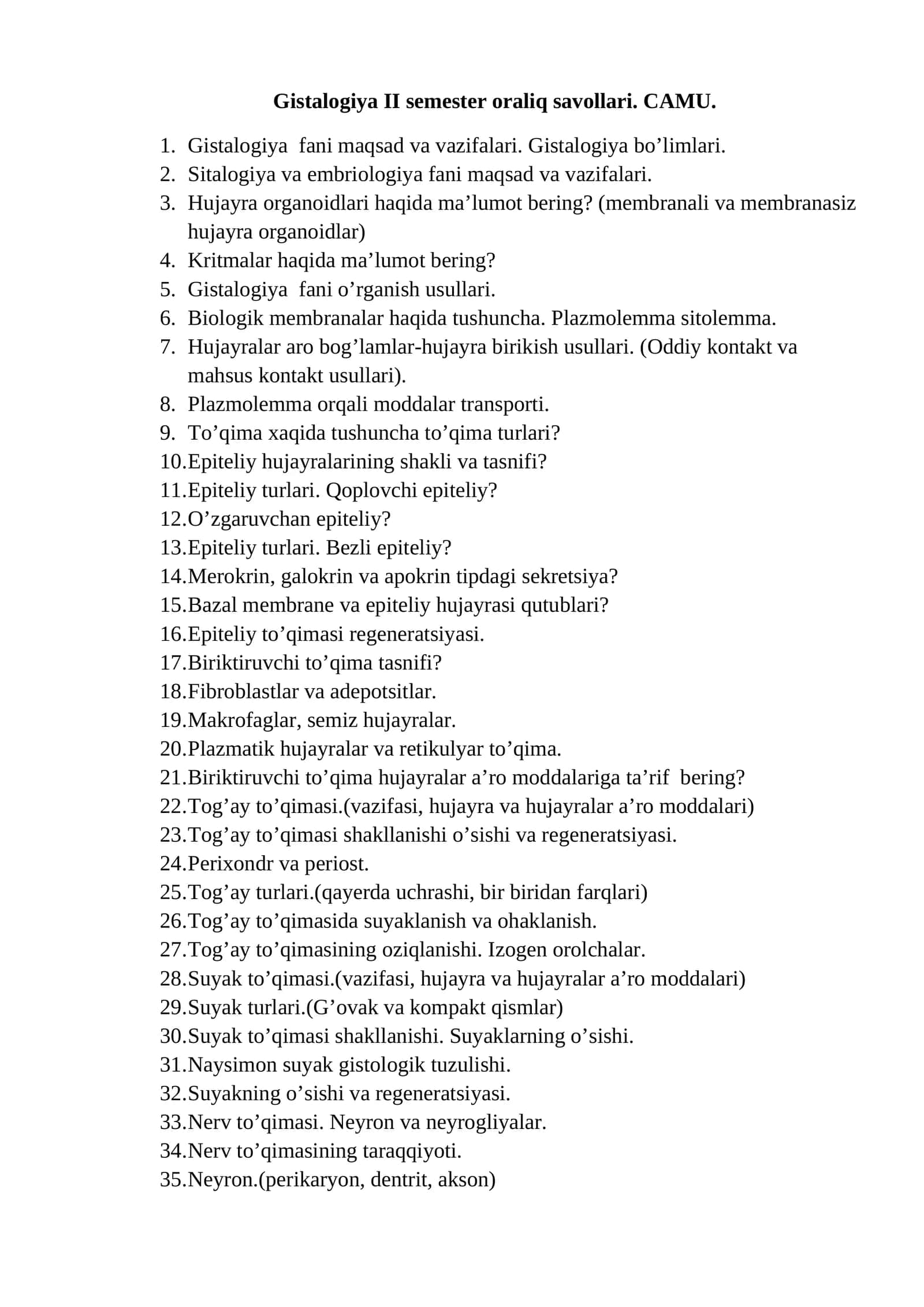 Gistalogiya II semester oraliq savollari. CAMU