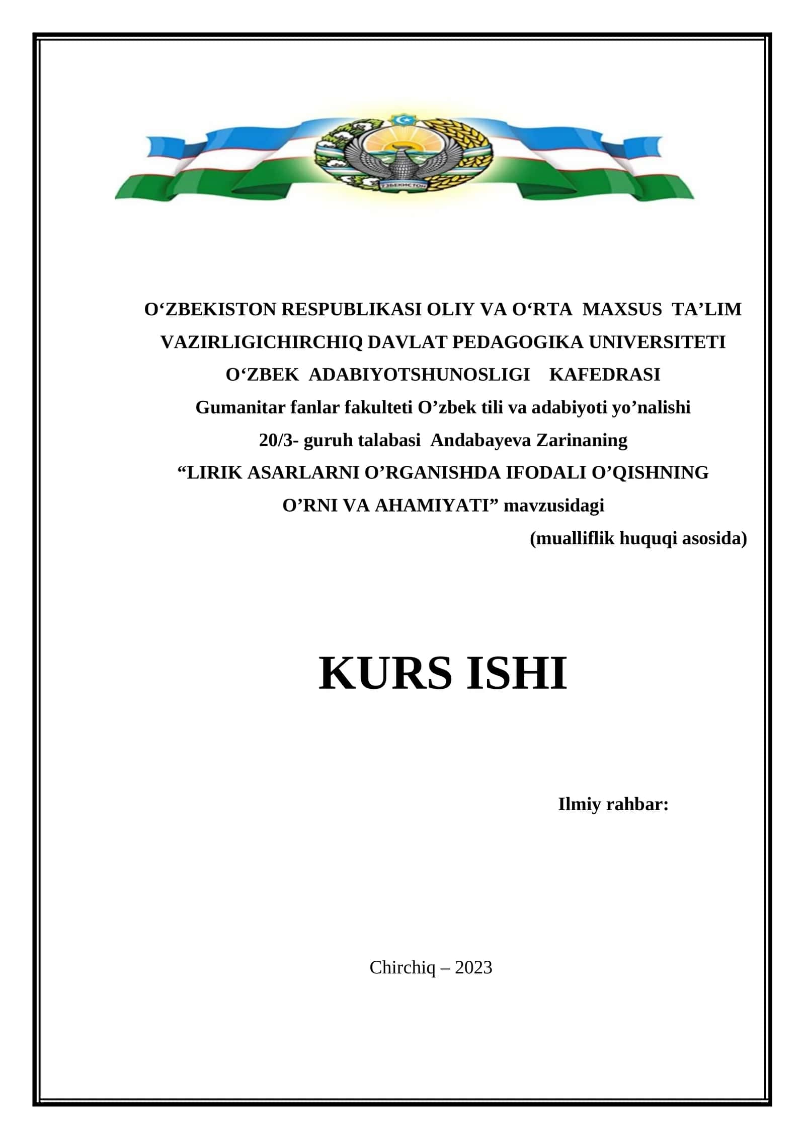 LIRIK ASARLARNI O’RGANISHDA IFODALI O’QISHNING O’RNI VA AHAMIYATI