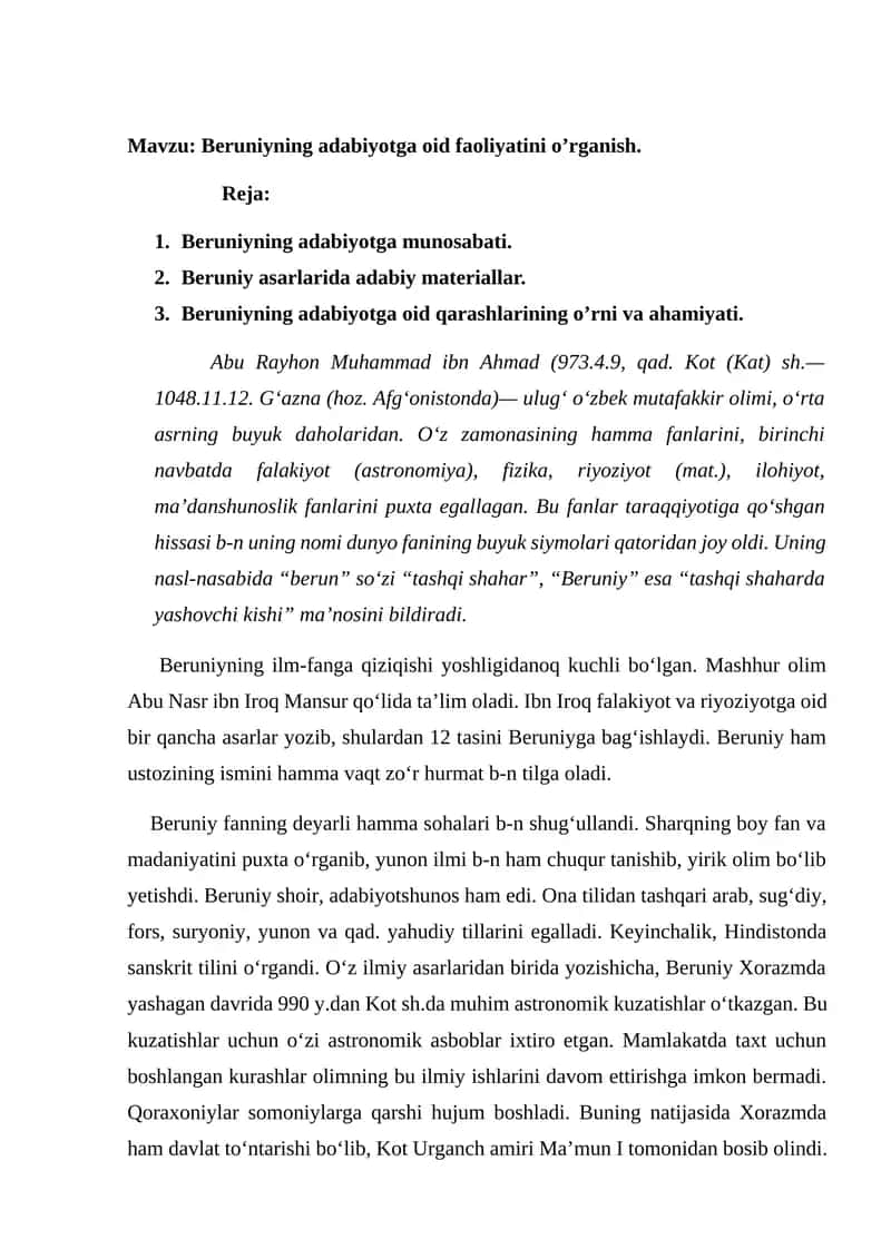 Beruniyning adabiyotga oid faoliyatini o’rganish