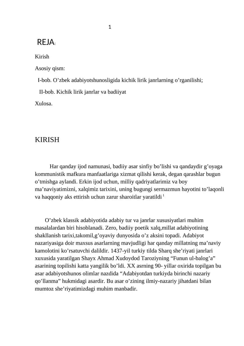 O’zbek adabiyotshunosligida kichik lirik janrlarning o’rganilishi