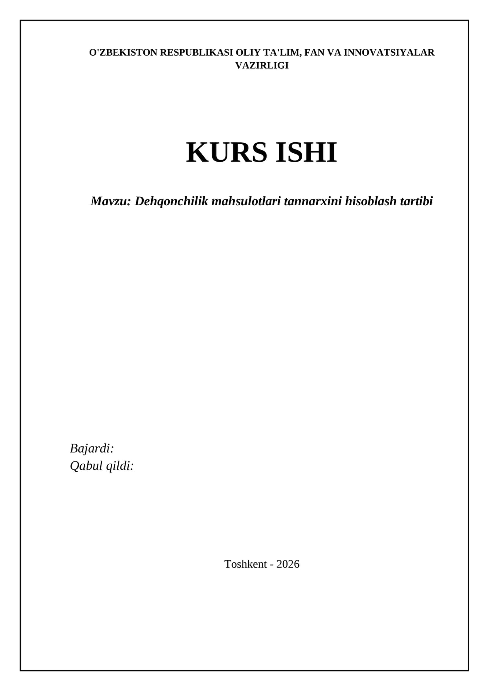 Dehqonchilik mahsulotlari tannarxini hisoblash tartibi
