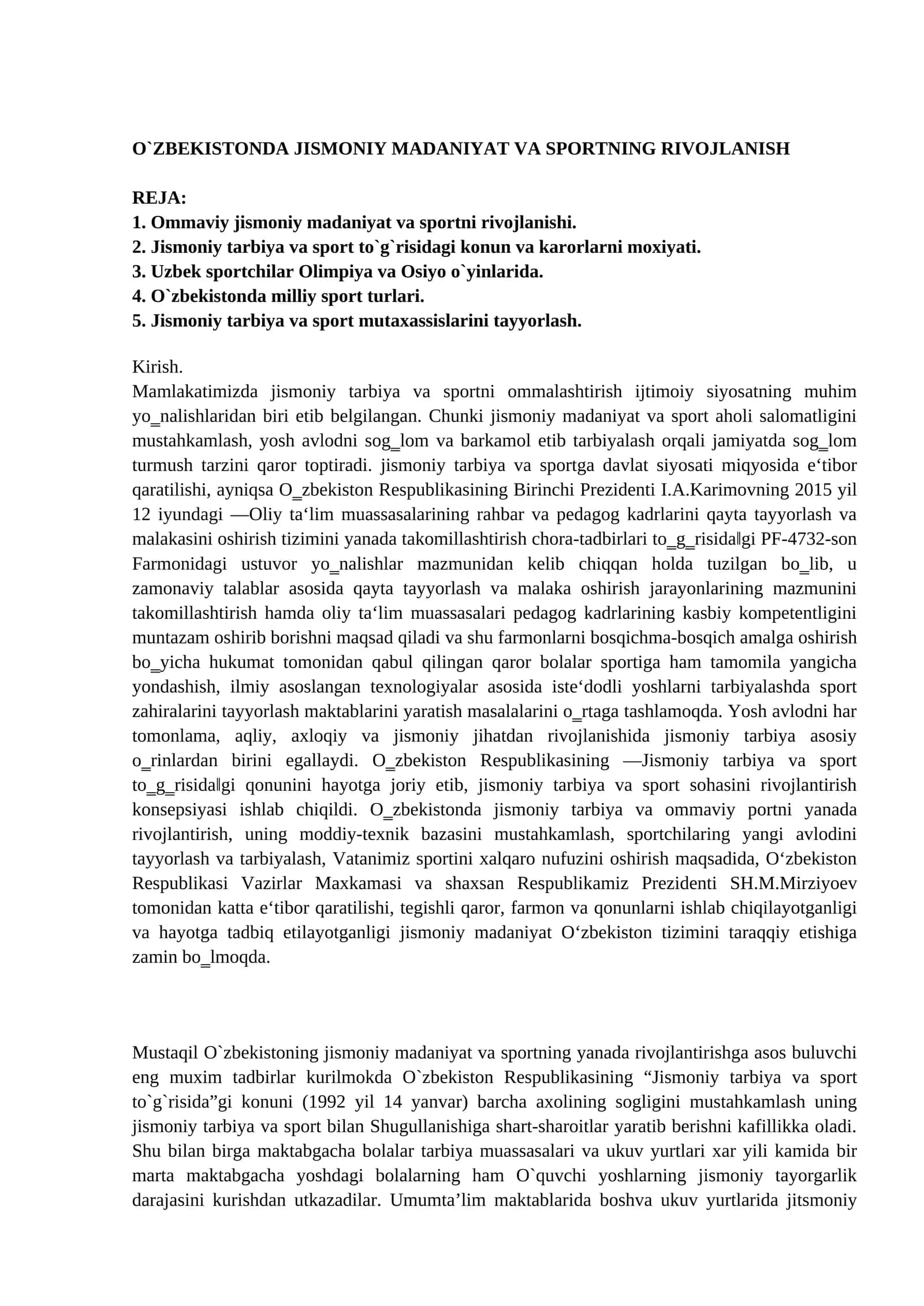O`ZBEKISTONDA JISMONIY MADANIYAT VA SPORTNING RIVOJLANISH