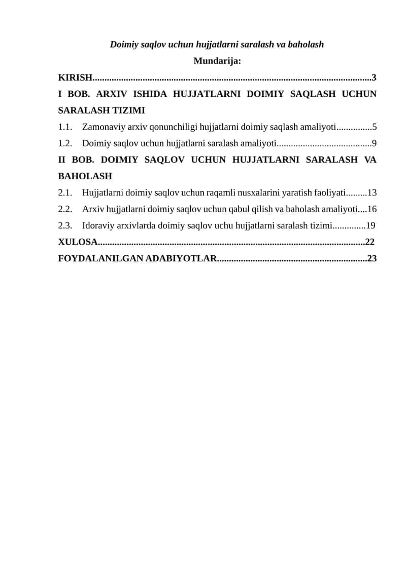 Doimiy saqlov uchun hujjatlarni saralash va baholash