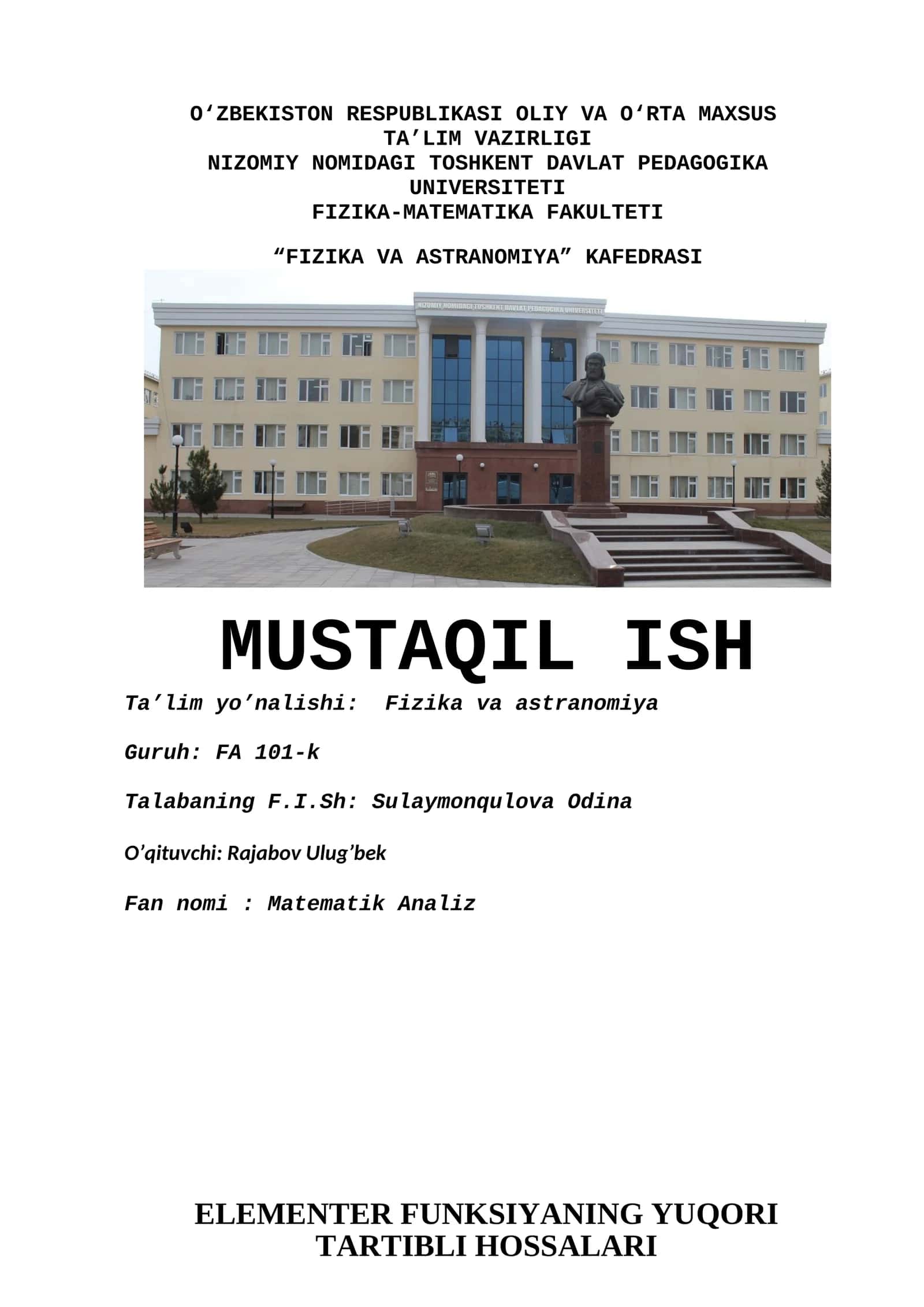 ELEMENTER FUNKSIYANING YUQORI TARTIBLI HOSSALARI