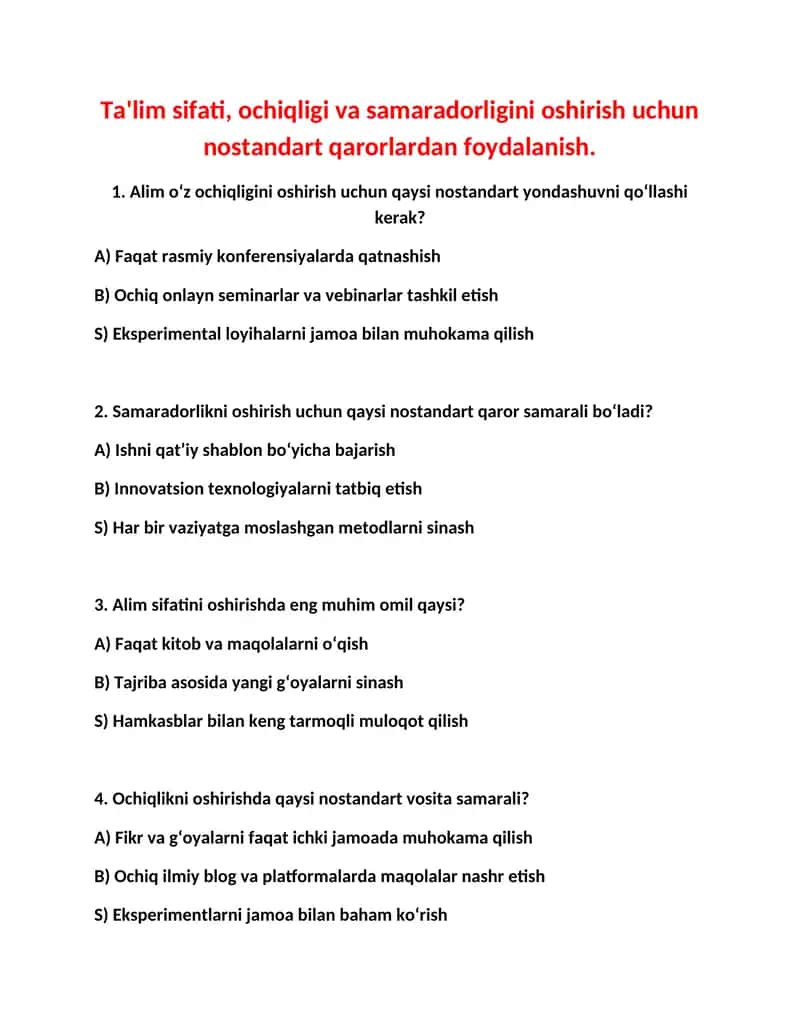 Ta'lim sifati, ochiqligi va samaradorligini oshirish uchun nostandart qarorlardan foydalanish