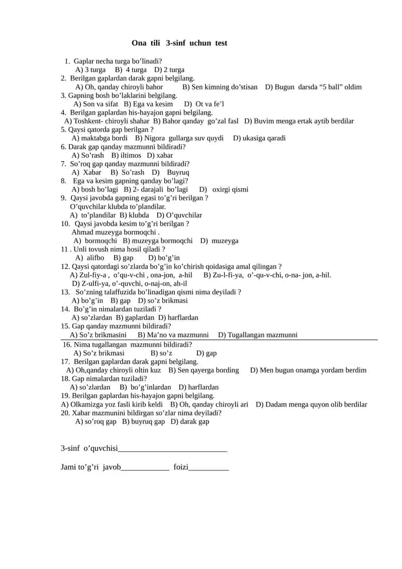 Ona tili 3-sinf uchun test
