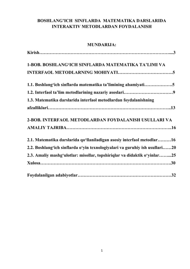 BOSHLANG’ICH SINFLARDA MATEMATIKA DARSLARIDA INTERAKTIV METODLARDAN FOYDALANISH