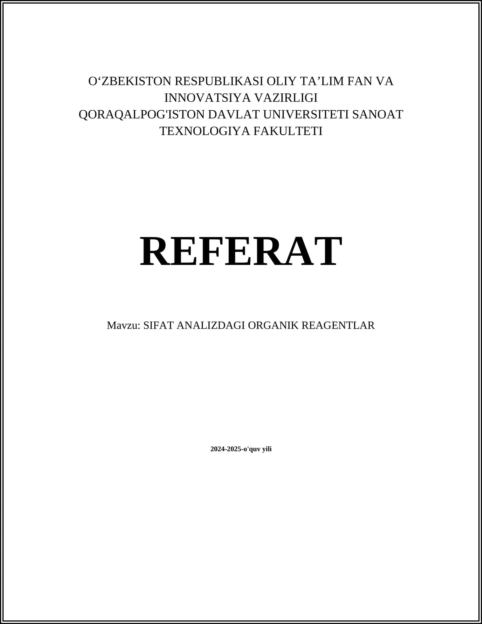 SIFAT ANALIZDAGI ORGANIK REAGENTLAR