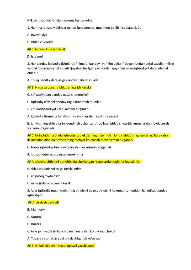 Mikroiqtisodiyot fanidan yakuniy test savollari