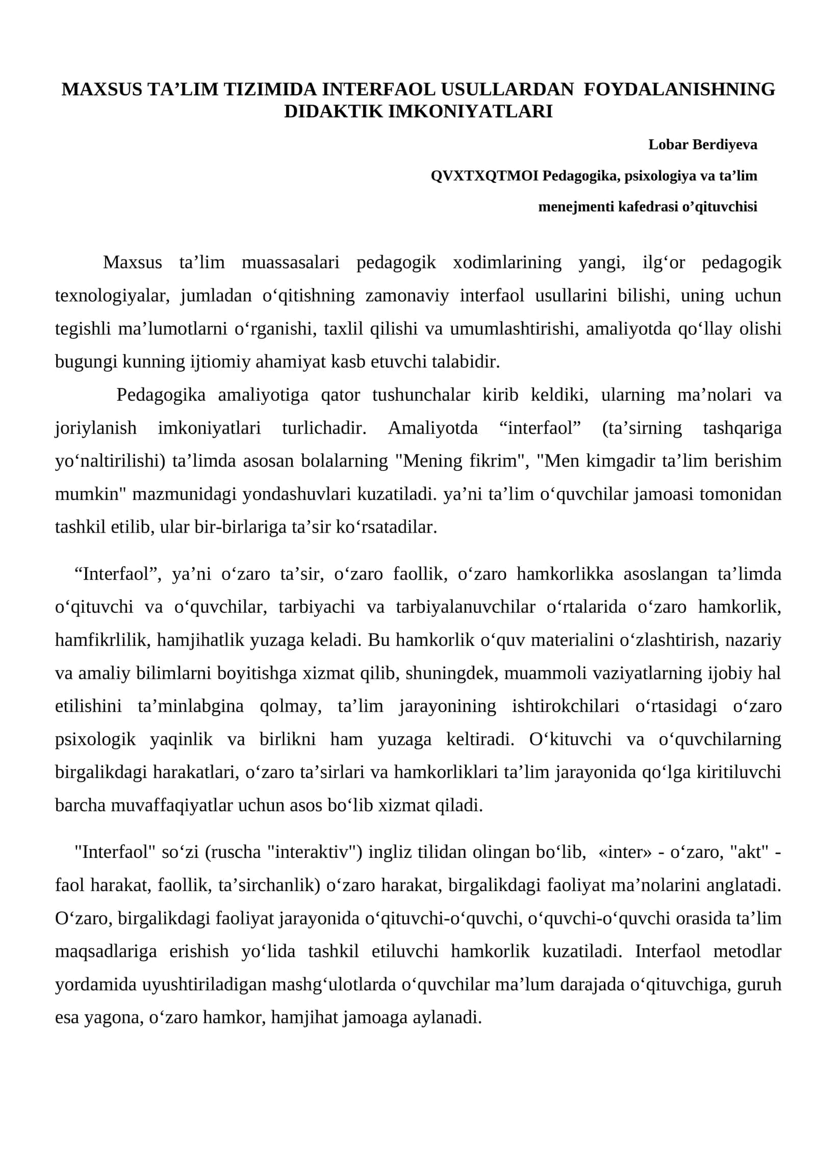 MAXSUS TA’LIM TIZIMIDA INTERFAOL USULLARDAN FOYDALANISHNING DIDAKTIK IMKONIYATLARI