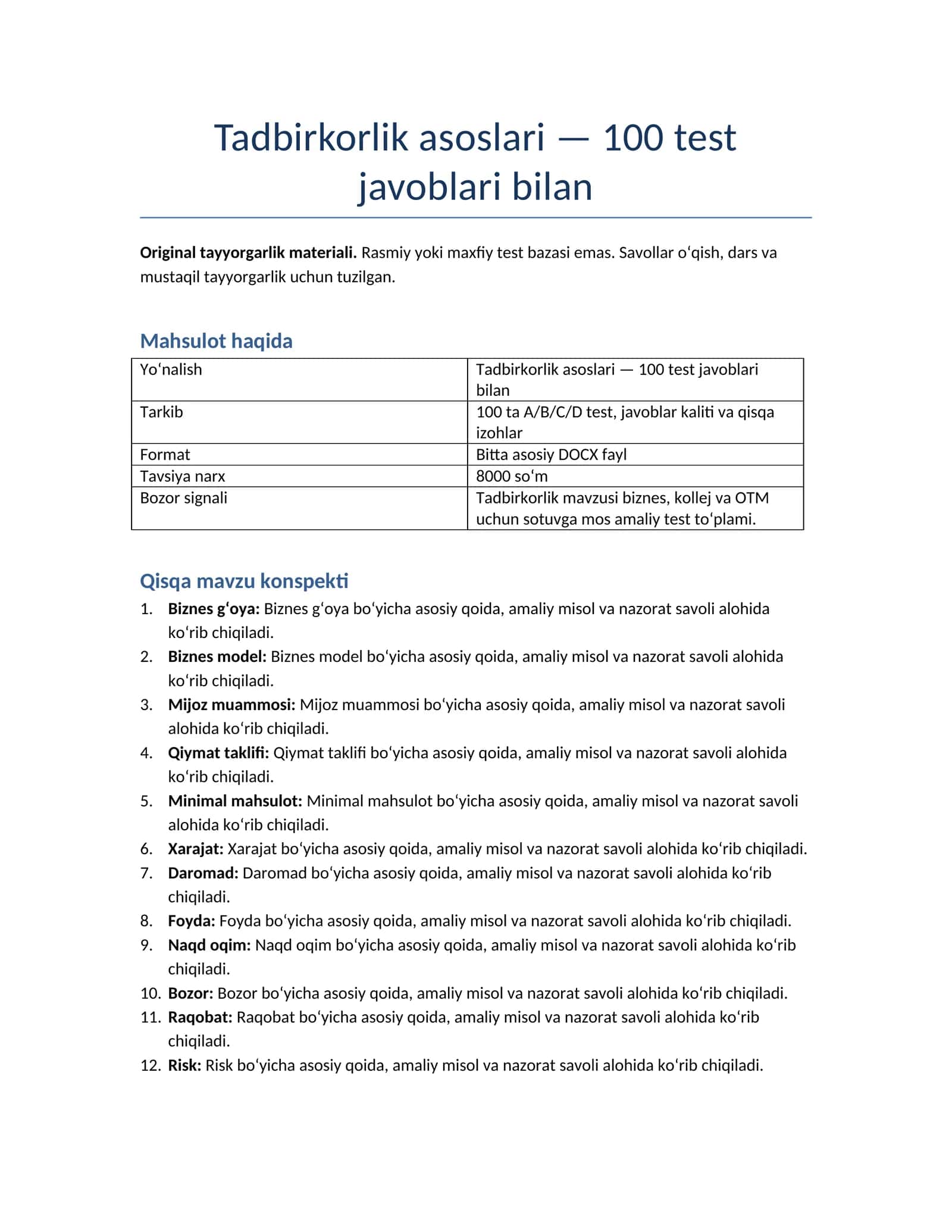 Tadbirkorlik asoslari — 100 test javoblari bilan