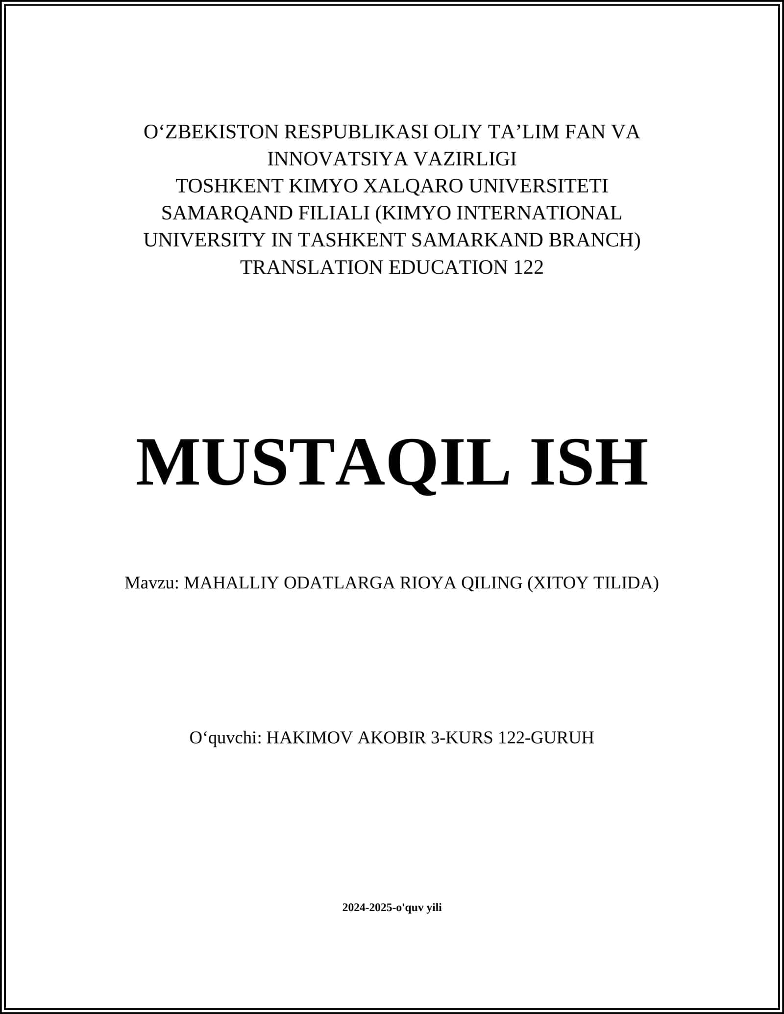 MAHALLIY ODATLARGA RIOYA QILING (XITOY TILIDA)