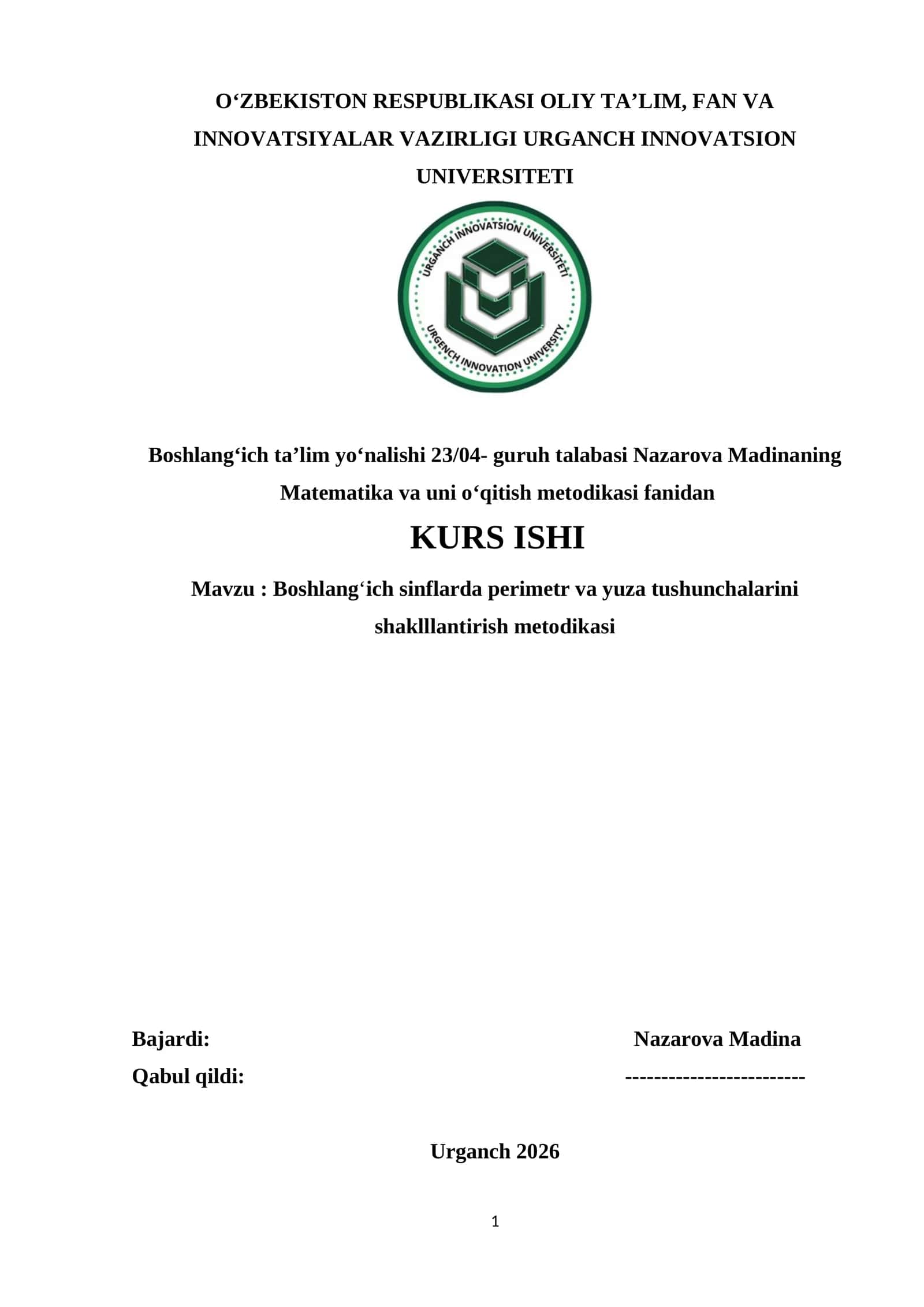 Boshlang‘ich sinflarda perimetr va yuza tushunchalarini shaklllantirish metodikasi