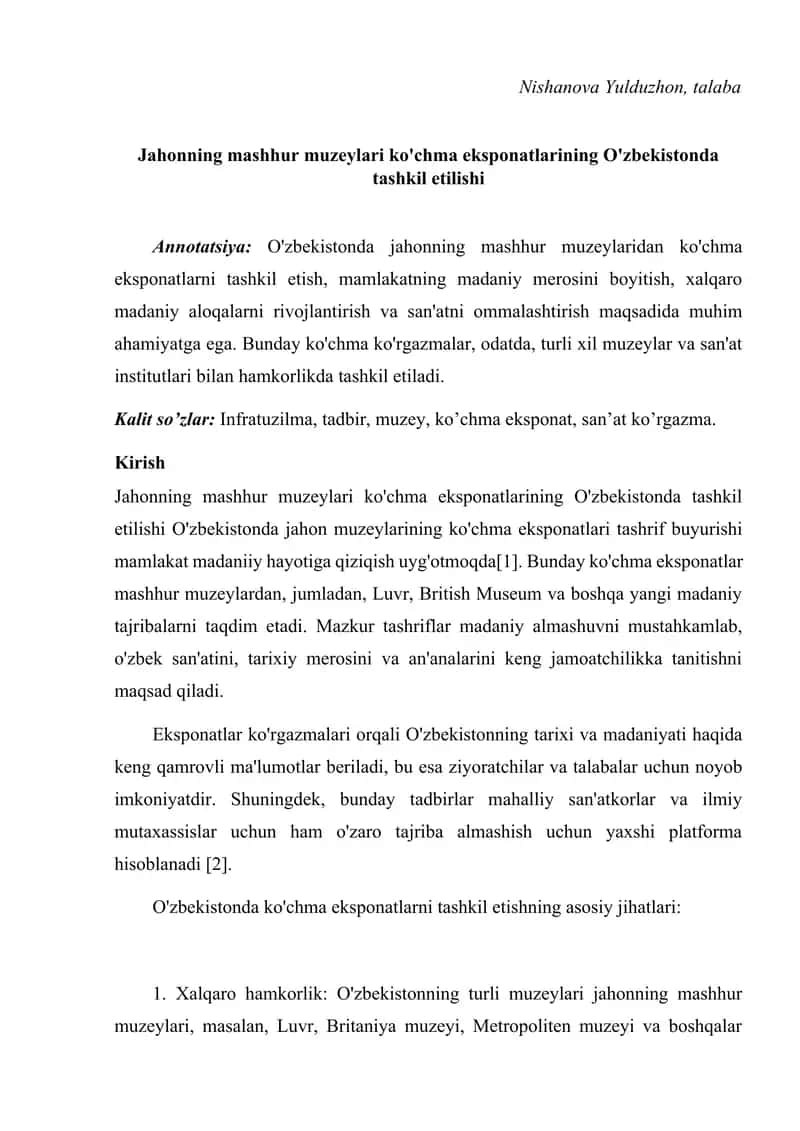 Jahonning mashhur muzeylari ko'chma eksponatlarining O'zbekistonda tashkil etilishi