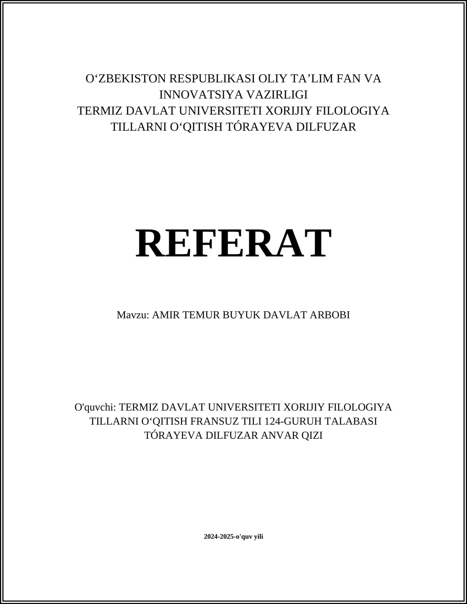 AMIR TEMUR BUYUK DAVLAT ARBOBI