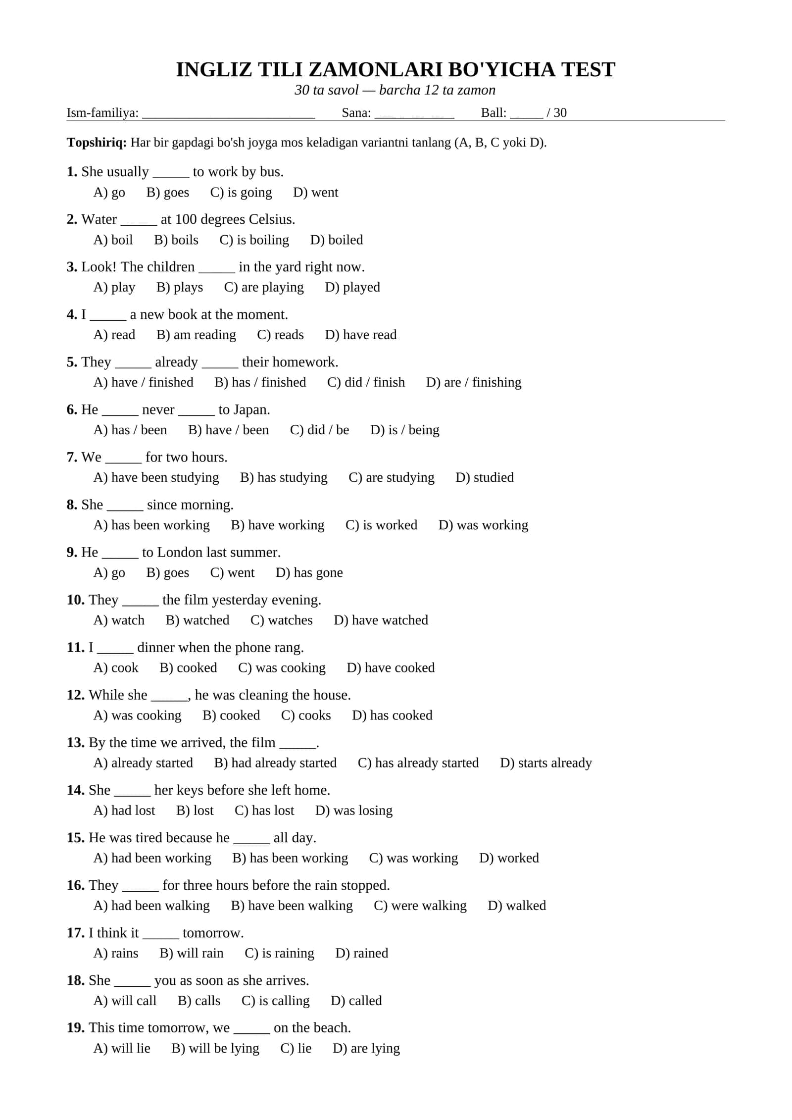INGLIZ TILI ZAMONLARI BO'YICHA TEST