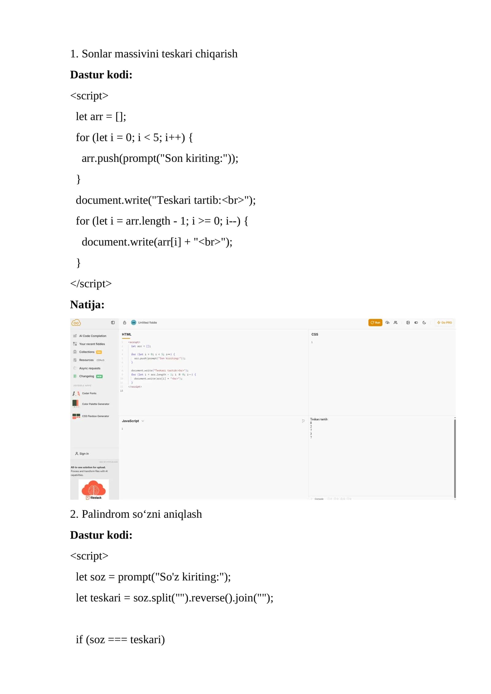 Javascript da mantiqiy masalalar