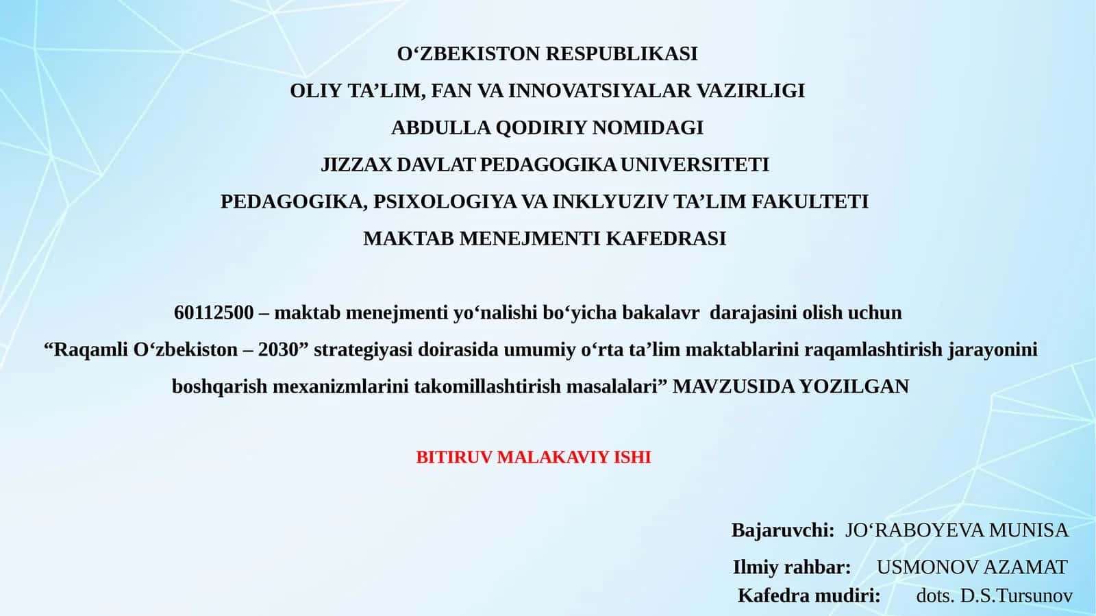 "RaqamliO‘zbekiston– 2030”strategiyasidoirasidaumumiyo‘rtata’limmaktablariniraqamlashtirishjarayoniniboshqarishmexanizmlarinitakomillashtirishmasalalari”