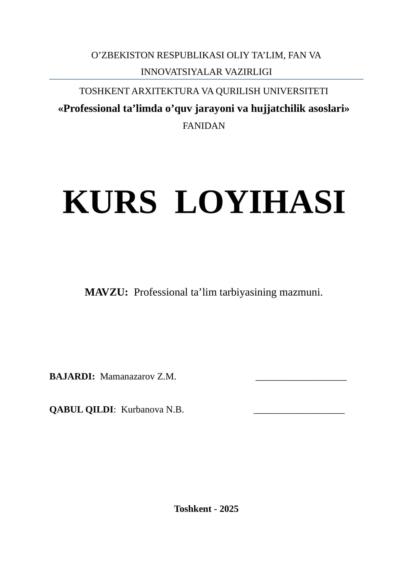 Professional ta’lim tarbiyasining mazmuni