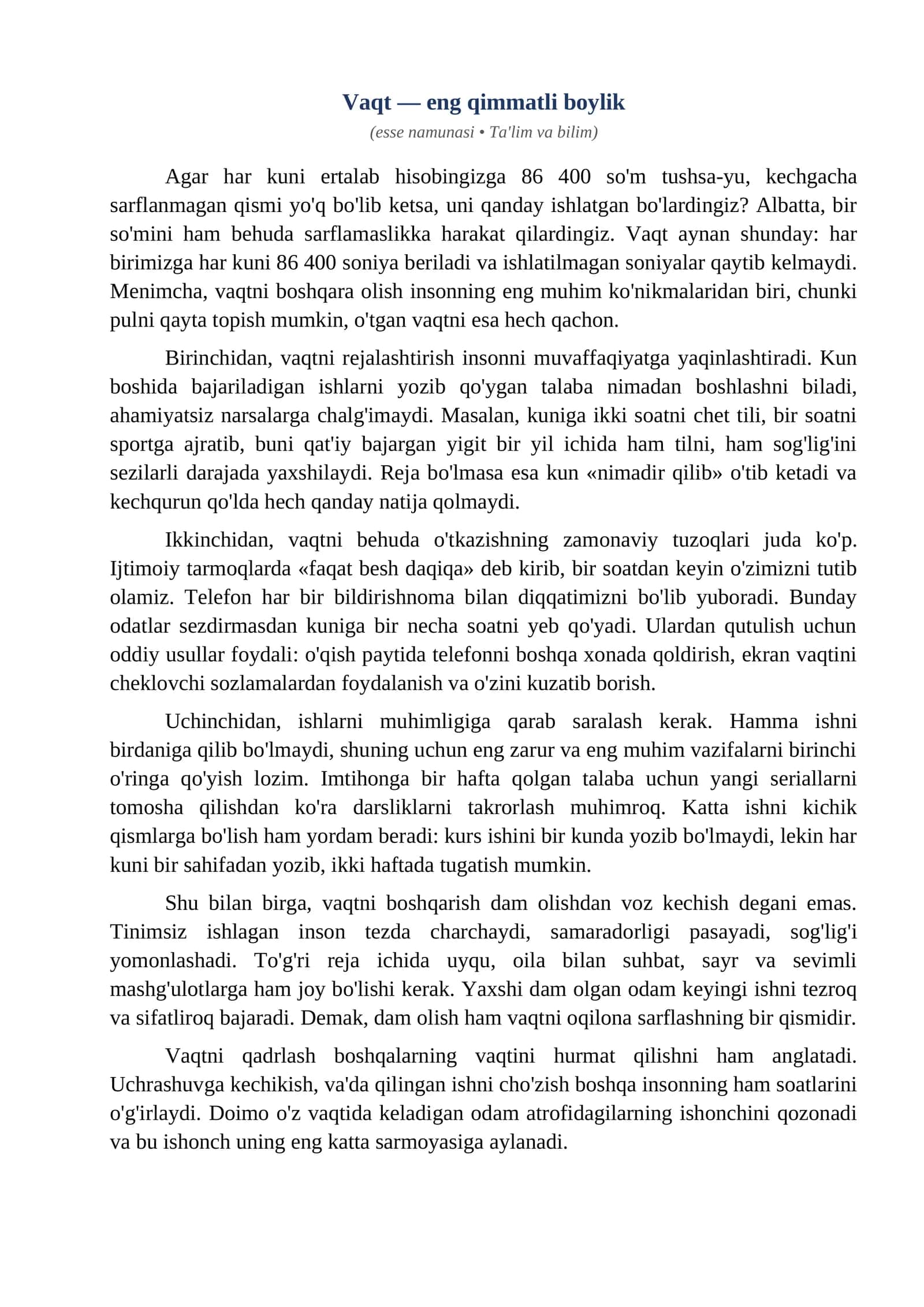 Esse Vaqt eng qimmatli boylik