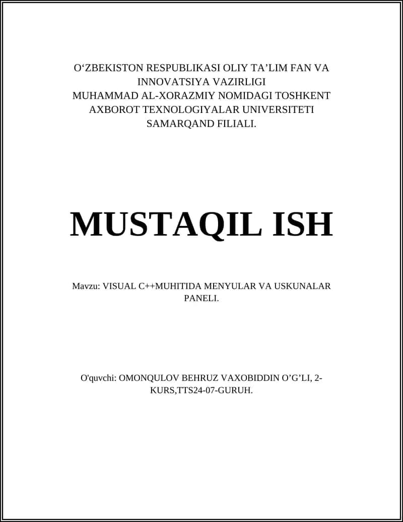 VISUAL C++MUHITIDA MENYULAR VA USKUNALAR PANELI
