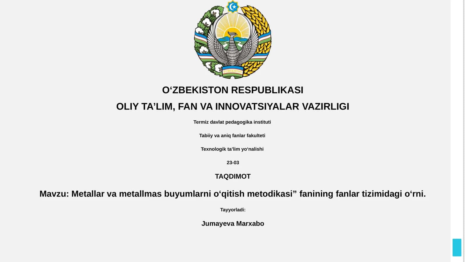 Metallar va metallmas buyumlarni o‘qitish metodikasi