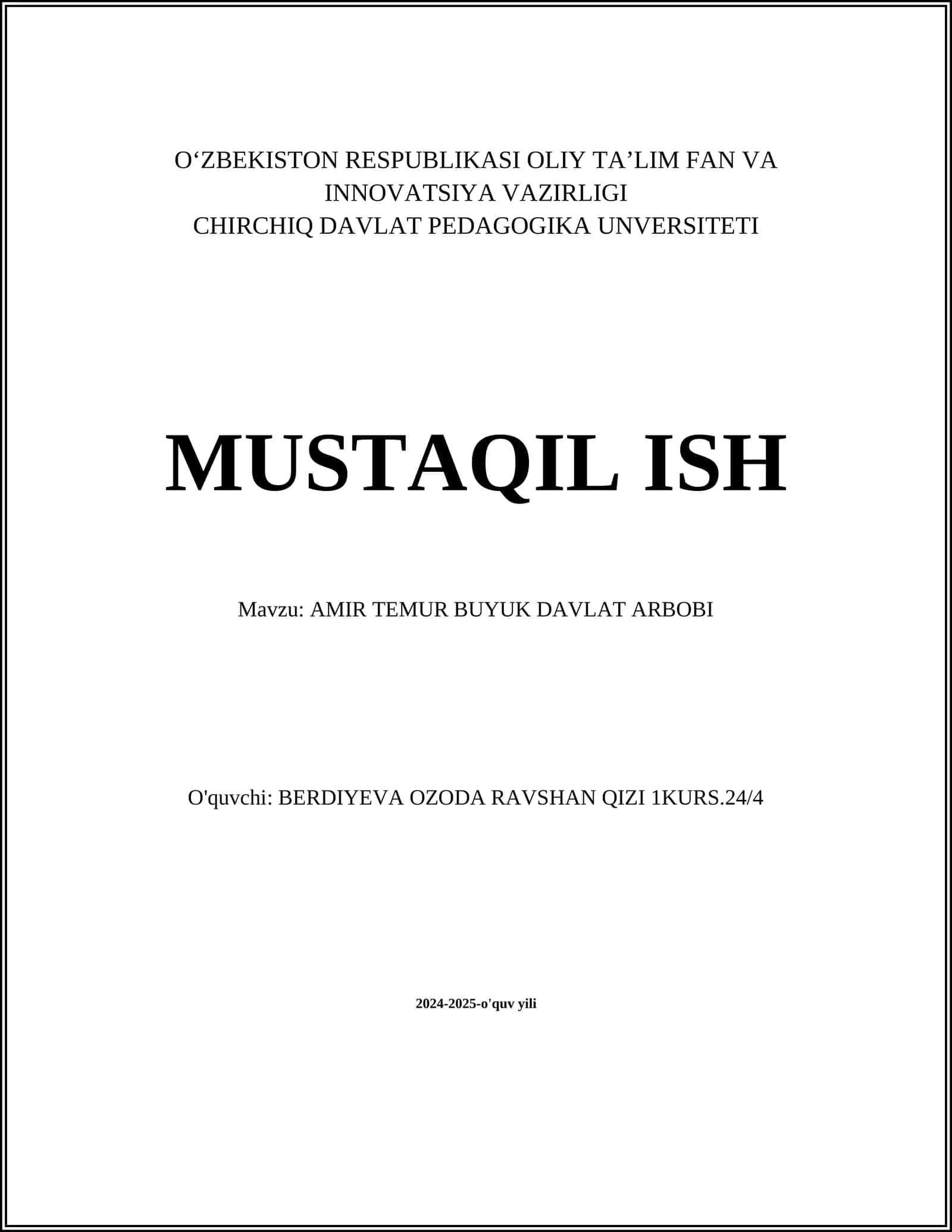 AMIR TEMUR BUYUK DAVLAT ARBOBI