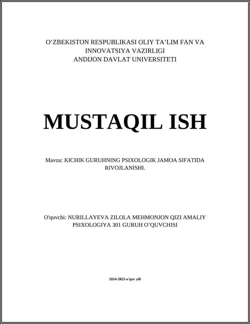 KICHIK GURUHNING PSIXOLOGIK JAMOA SIFATIDA RIVOJLANISHI