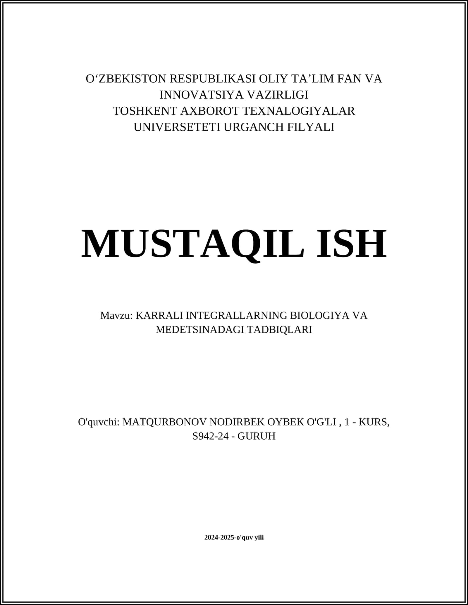 KARRALI INTEGRALLARNING BIOLOGIYA VA MEDETSINADAGI TADBIQLARI