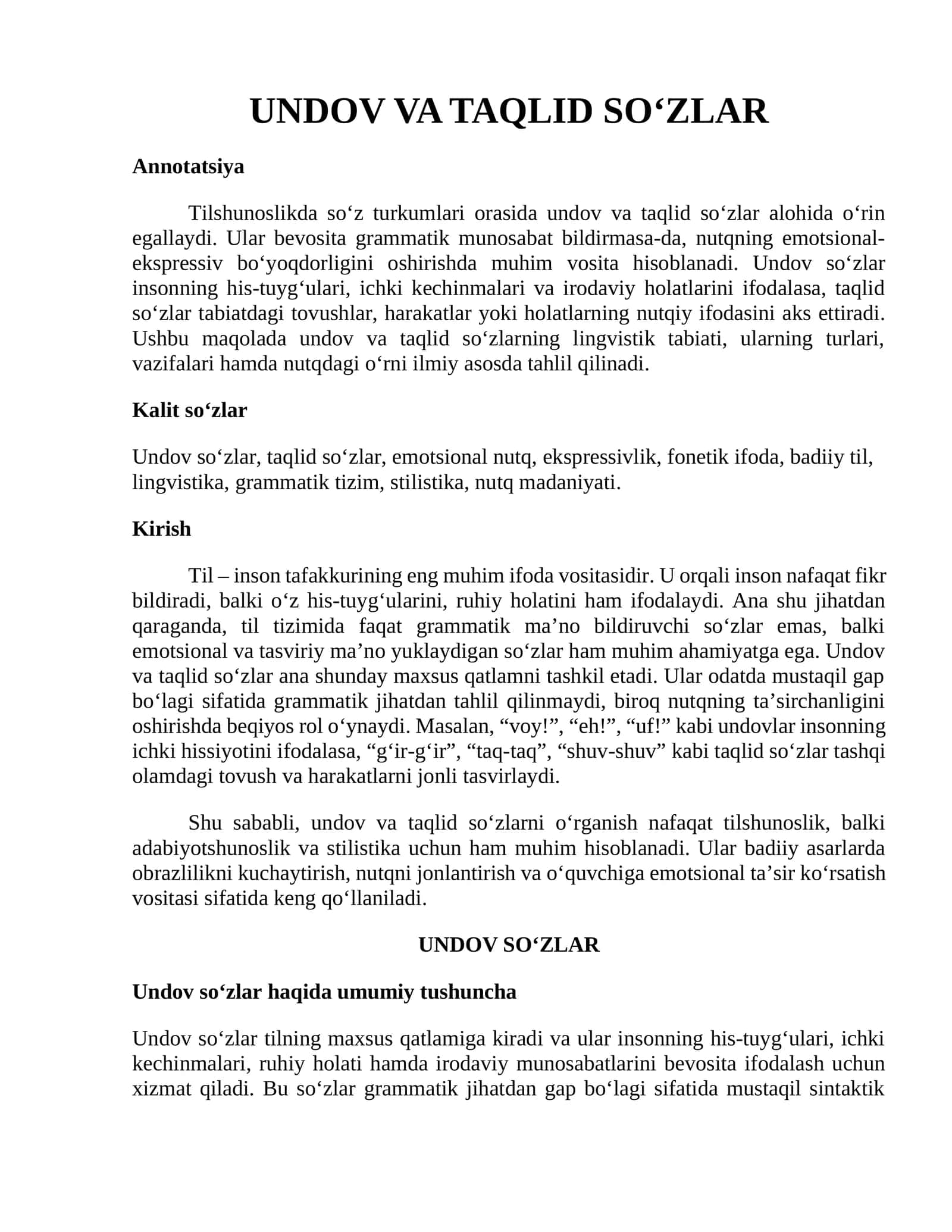 UNDOV VA TAQLID SO‘ZLAR