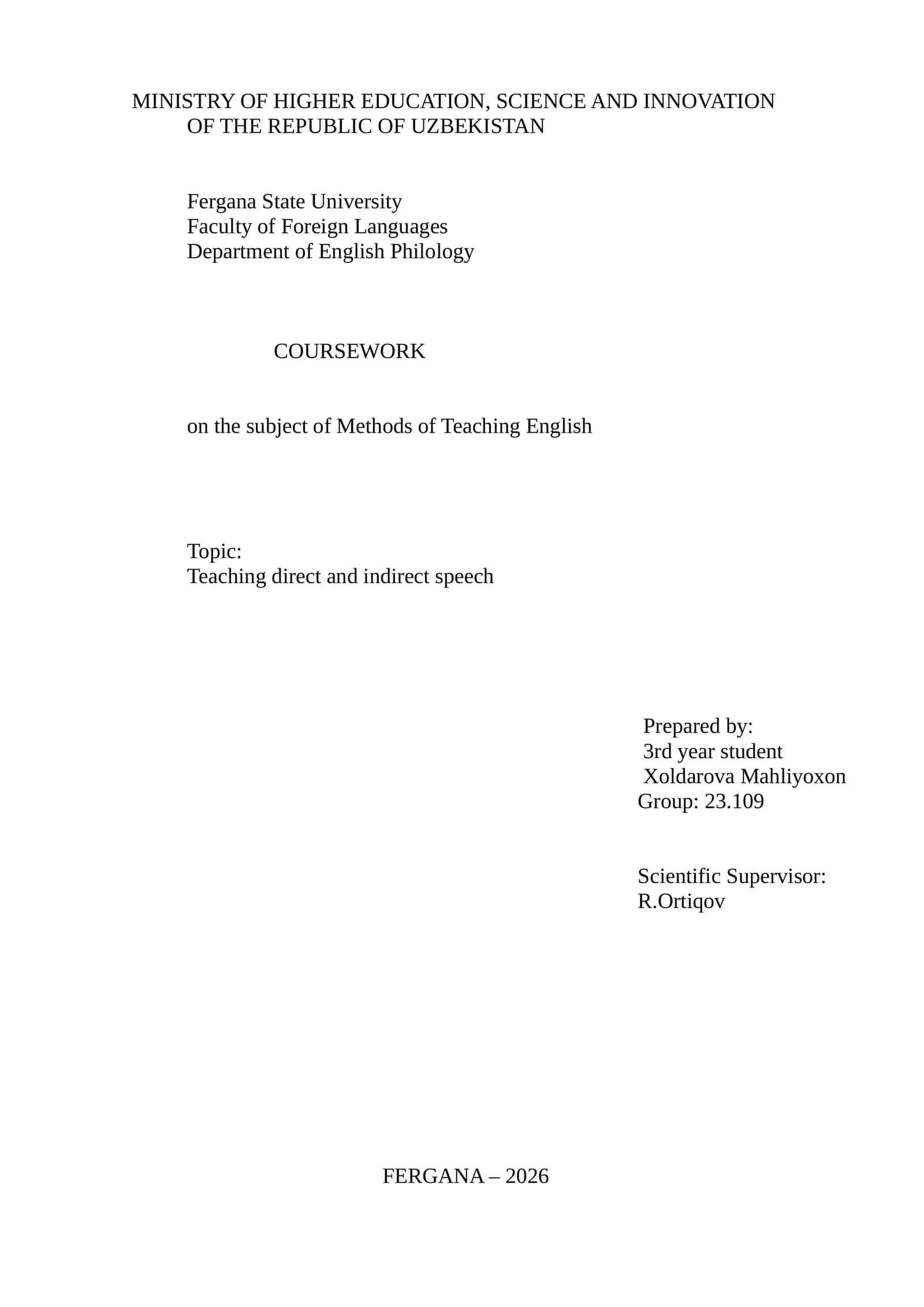 Methods of Teaching English - Coursework
