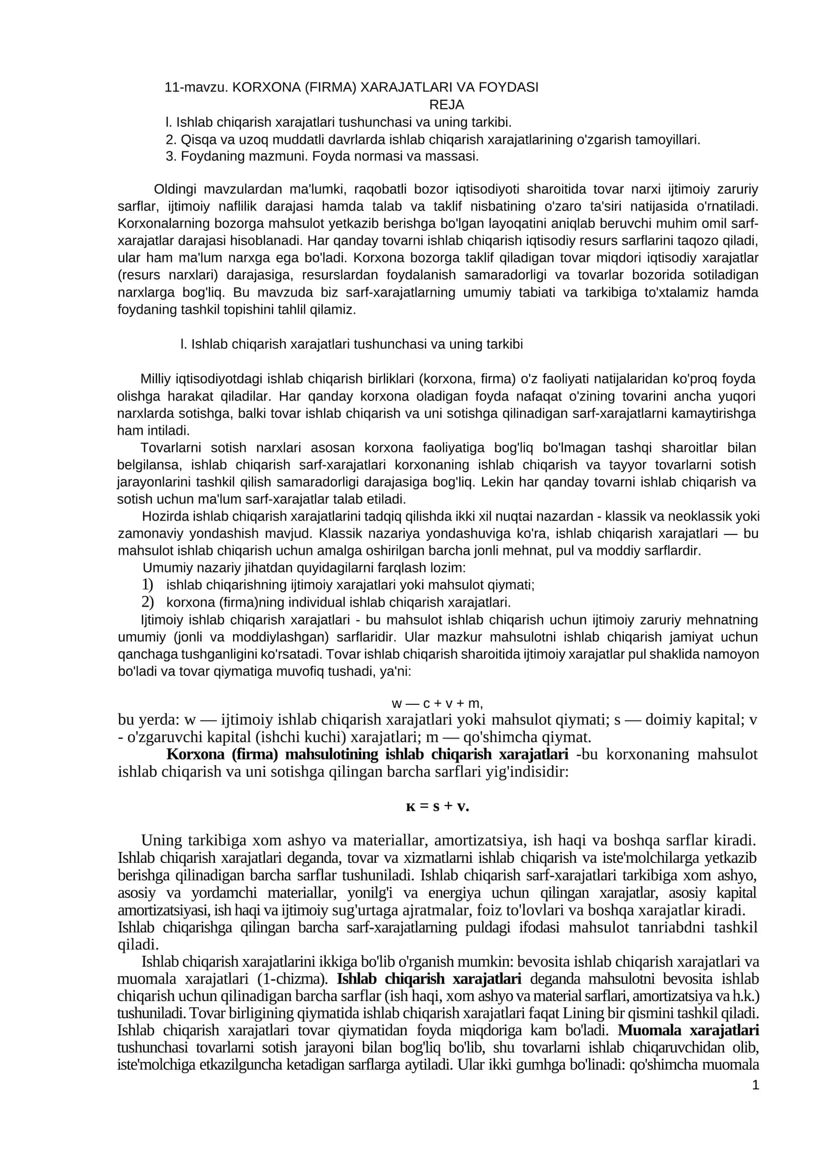 KORXONA (FIRMA) XARAJATLARI VA FOYDASI