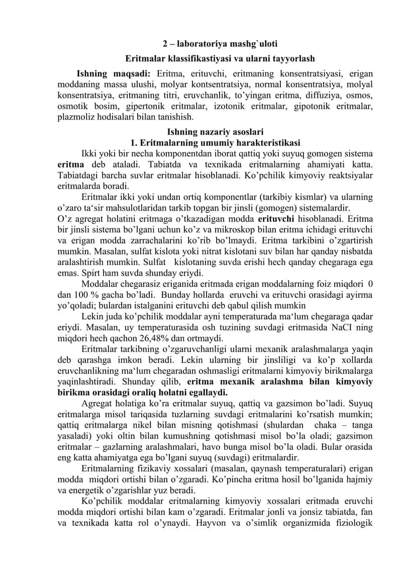 Laboratoriya mashg'uloti - Eritmalar klassifikatsiyasi va ularni tayyorlash