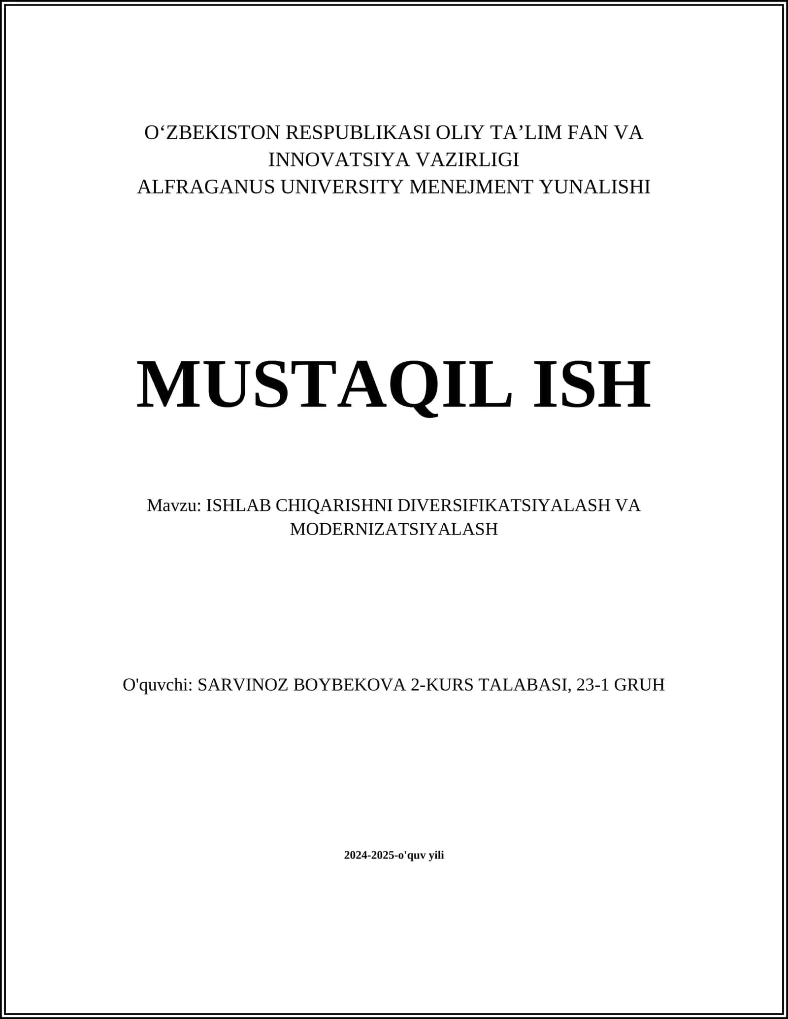 ISHLAB CHIQARISHNI DIVERSIFIKATSIYALASH VA MODERNIZATSIYALASH